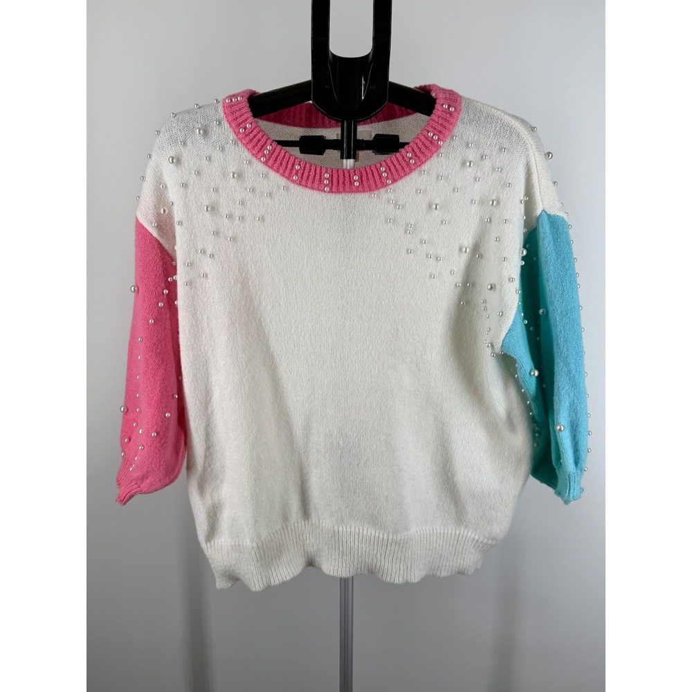 BIBI Women Colorblock Pearl Embellished Knit Sweater Pink Teal White XL